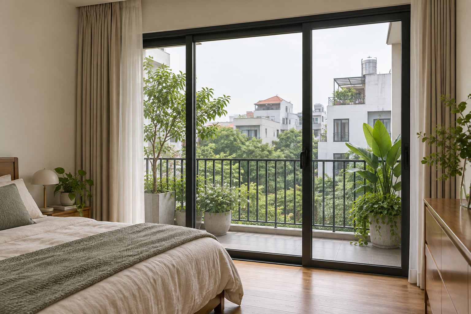 Cửa trượt nhôm kính nối phòng ngủ và ban công có cây xanh